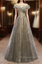 A-Line Evening Gown Elegant Dress Wedding Guest Engagement Floor Length Short Sleeve Illusion Neck Tulle With Pleats